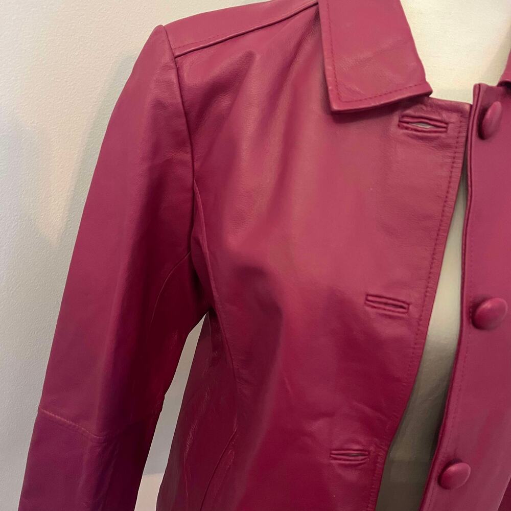 Dark Pink Raspberry Leather Button Down Collared … - image 3